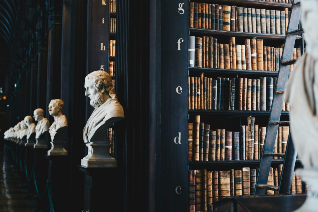 Statue heads in a library